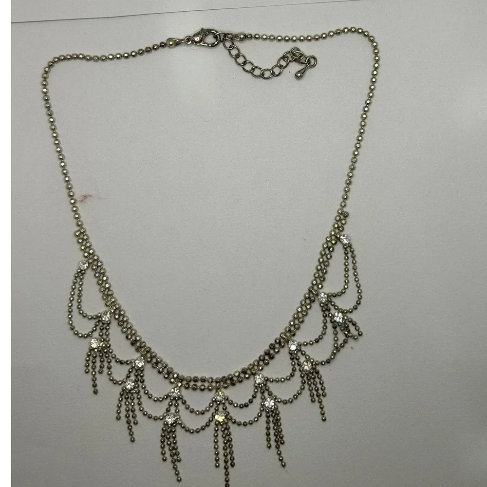 Bib Necklace Silver Rhinestone Chandelier Draped‎ Ball Chain Tassels Regency 14